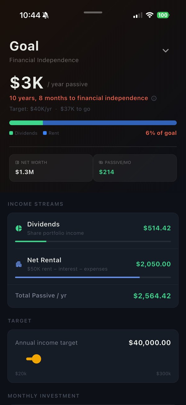 Goal screen showing 10 years 8 months to financial independence with passive income progress