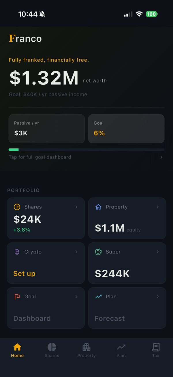 Franco home screen showing $1.32M net worth and portfolio breakdown across shares, property, super and crypto