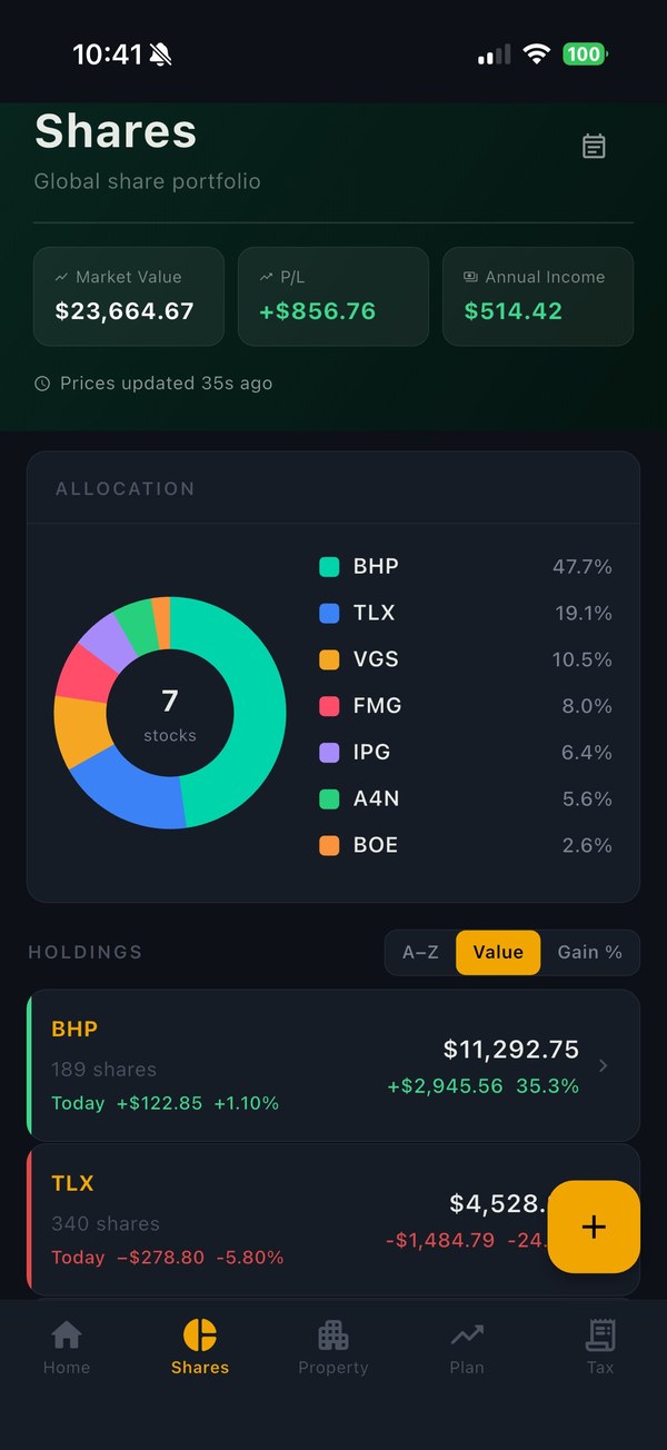 Shares page showing allocation pie chart with 7 stocks and dividend income