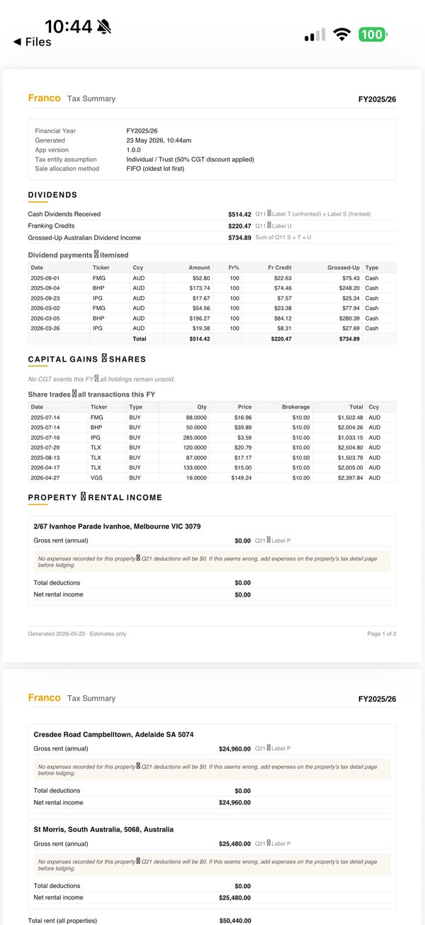 Generated FY tax summary PDF showing dividends, franking credits, share trades and rental income